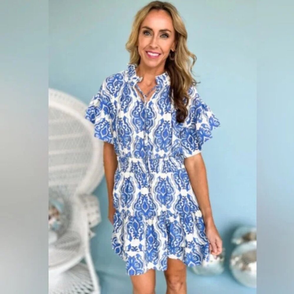 Blue Patterned Ruffle Mini Dress